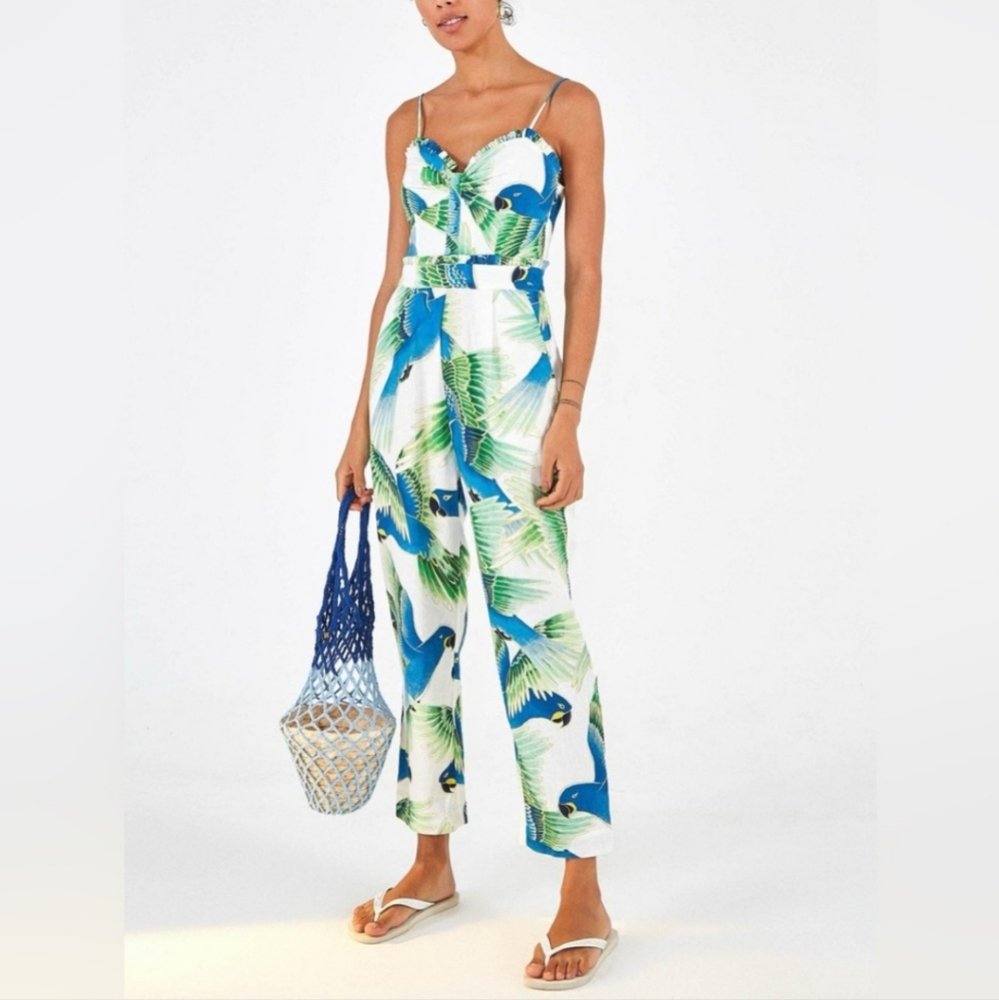 FARM RIO Araras Jumpsuit Parrots Palms Tropical Print Linen Blend Women's XS